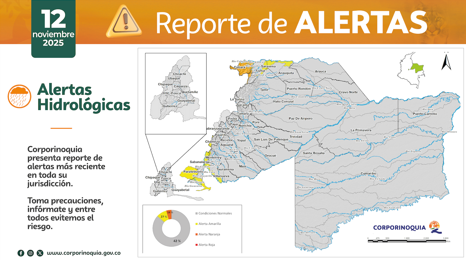 Corporinoquia presenta reporte de alertas por lluvias e incremento de niveles hídricos en su jurisdicción