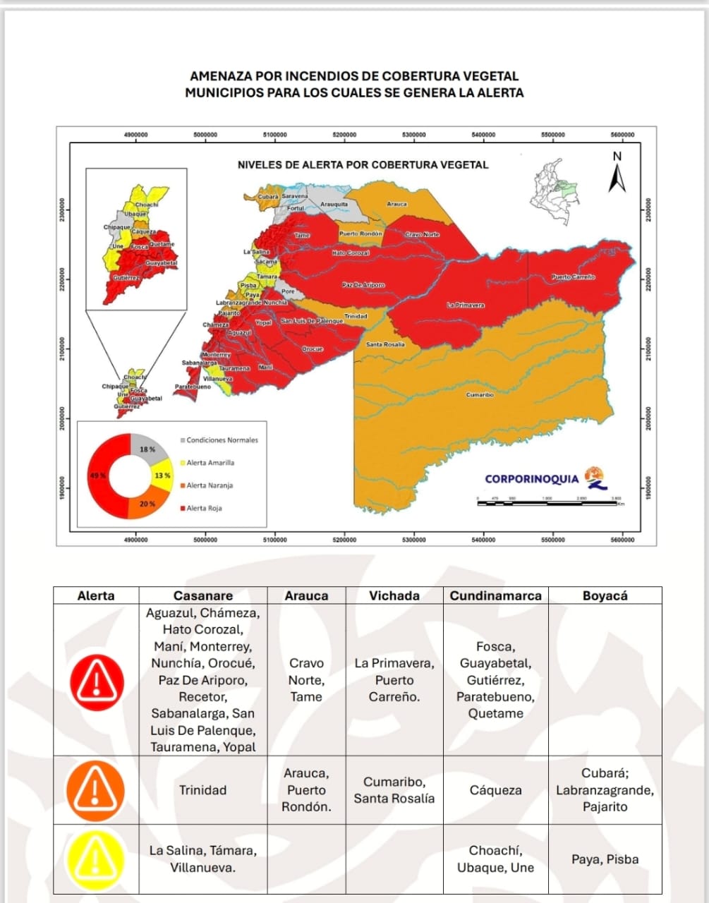 22 municipios de la jurisdicción de Corporinoquia en alerta roja por incendios forestales, de acuerdo a reporte del IDEAM