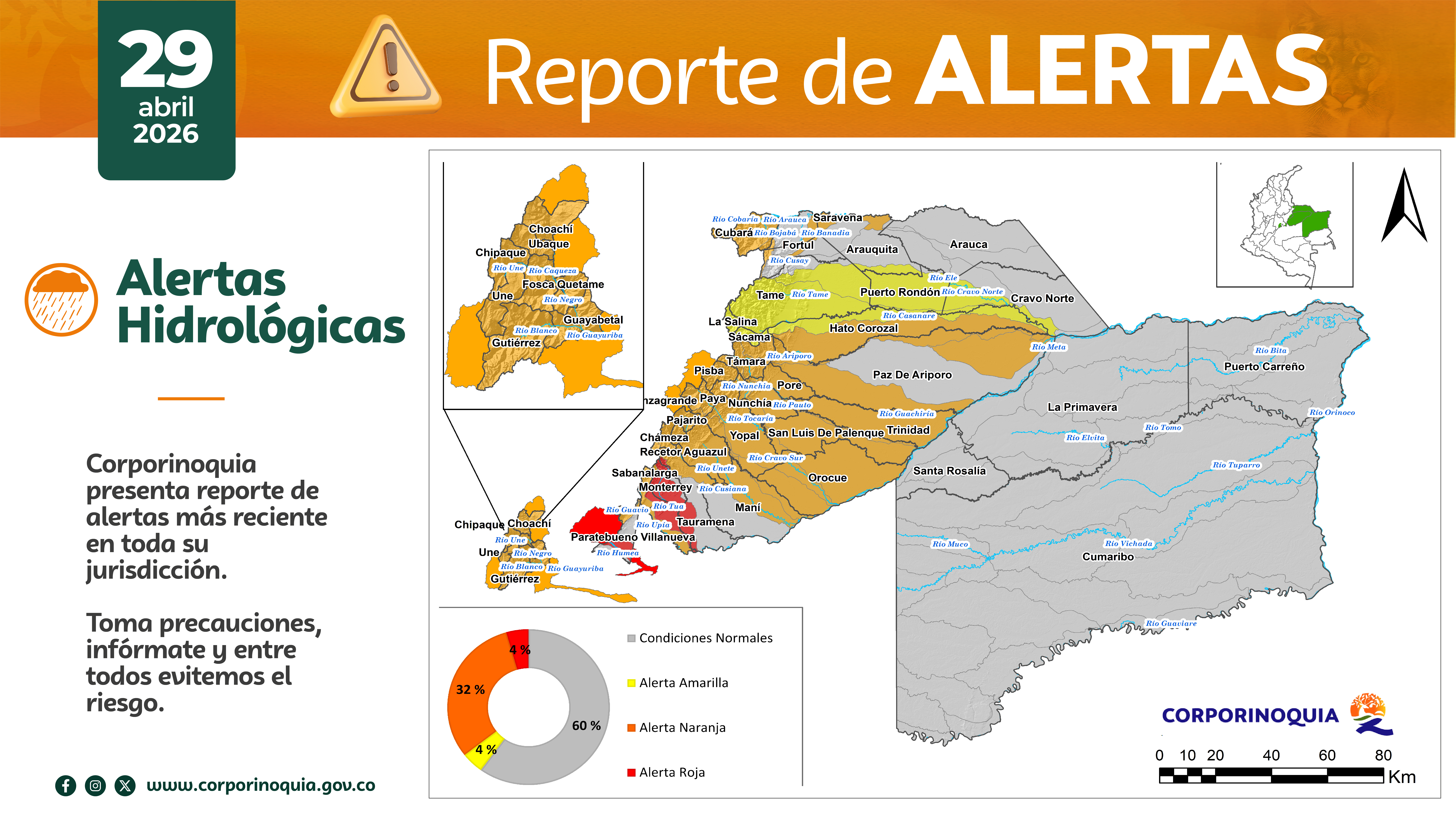 Corporinoquia presenta reporte de alerta hidrológica y por deslizamientos en su jurisdicción 