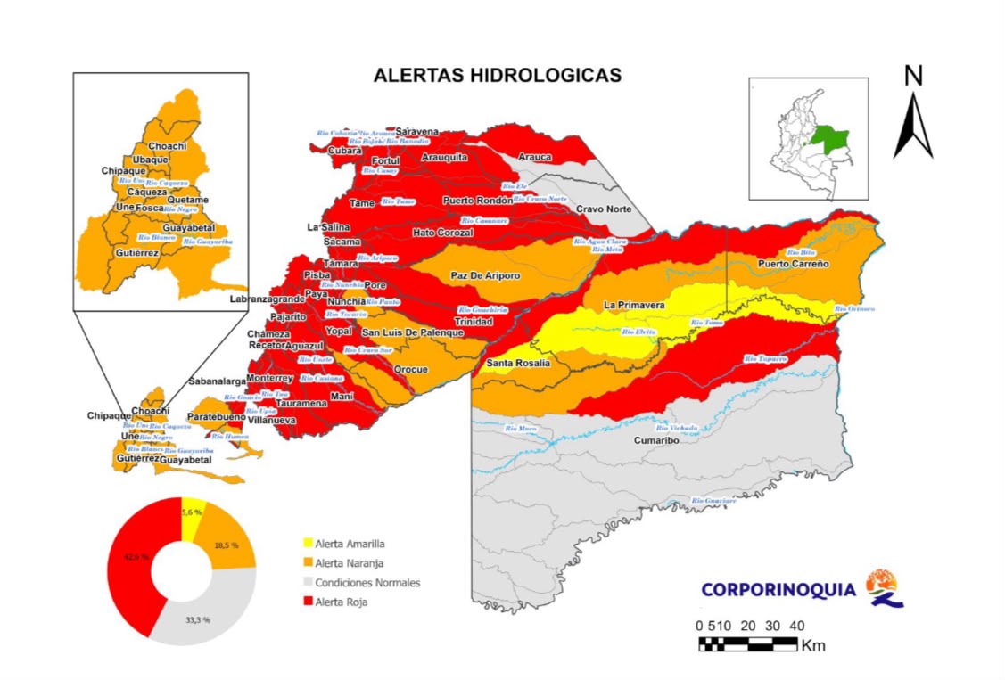 Alerta roja hidrológica alcanza el 42,6% del territorio en la jurisdicción de Corporinoquia