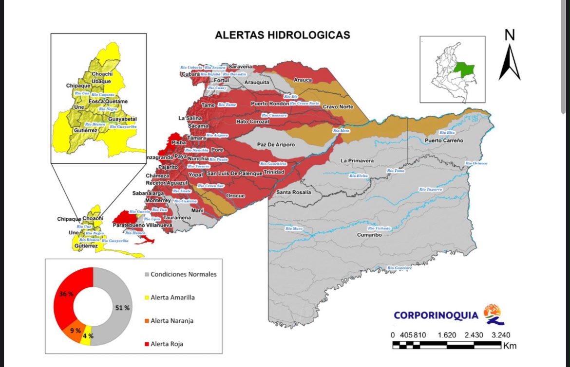 36% del territorio de Corporinoquia en alerta roja hidrológica