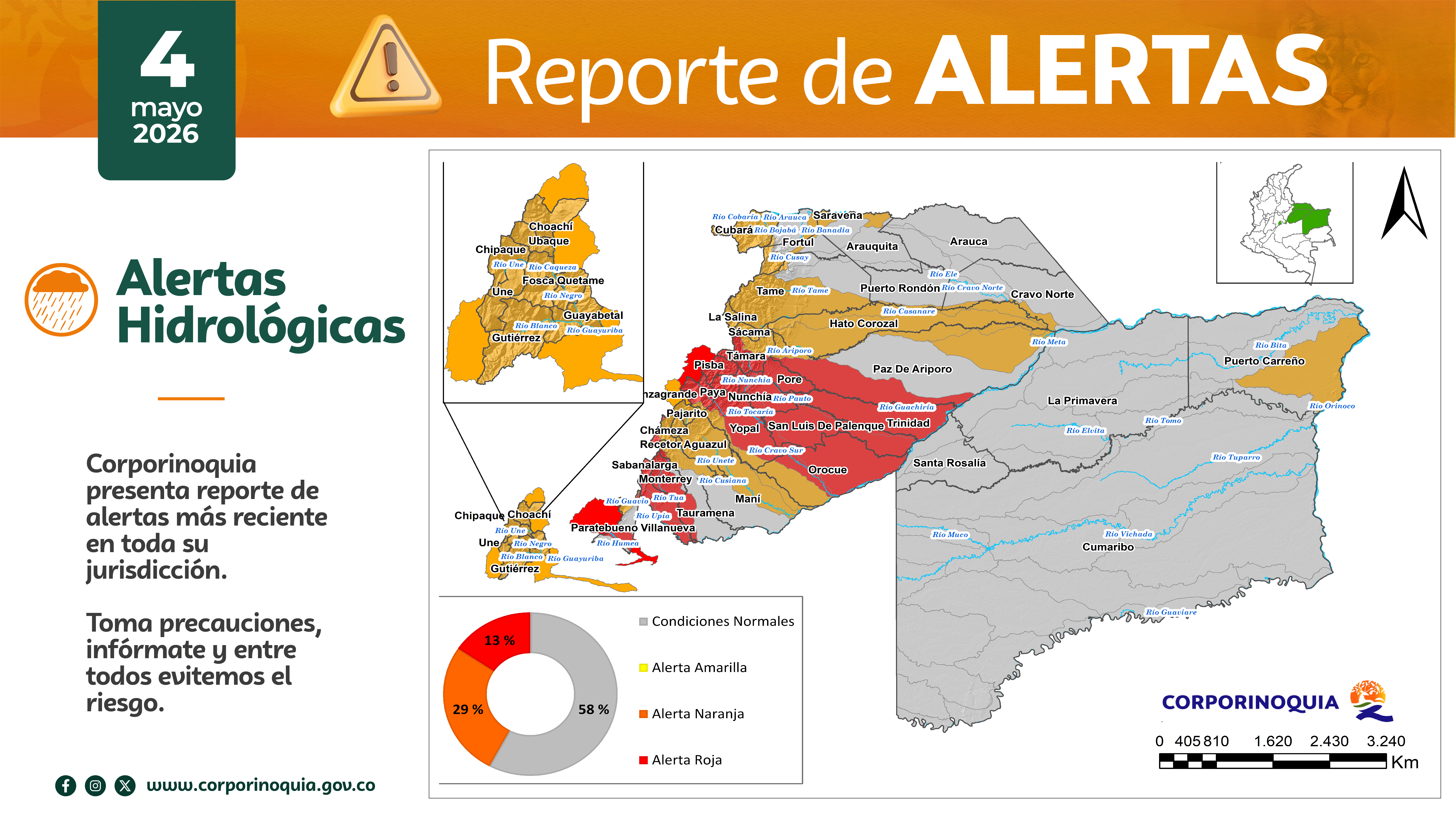 Aumentan alertas por deslizamientos y se mantienen condiciones de riesgo hidrológico en la jurisdicción de Corporinoquia   