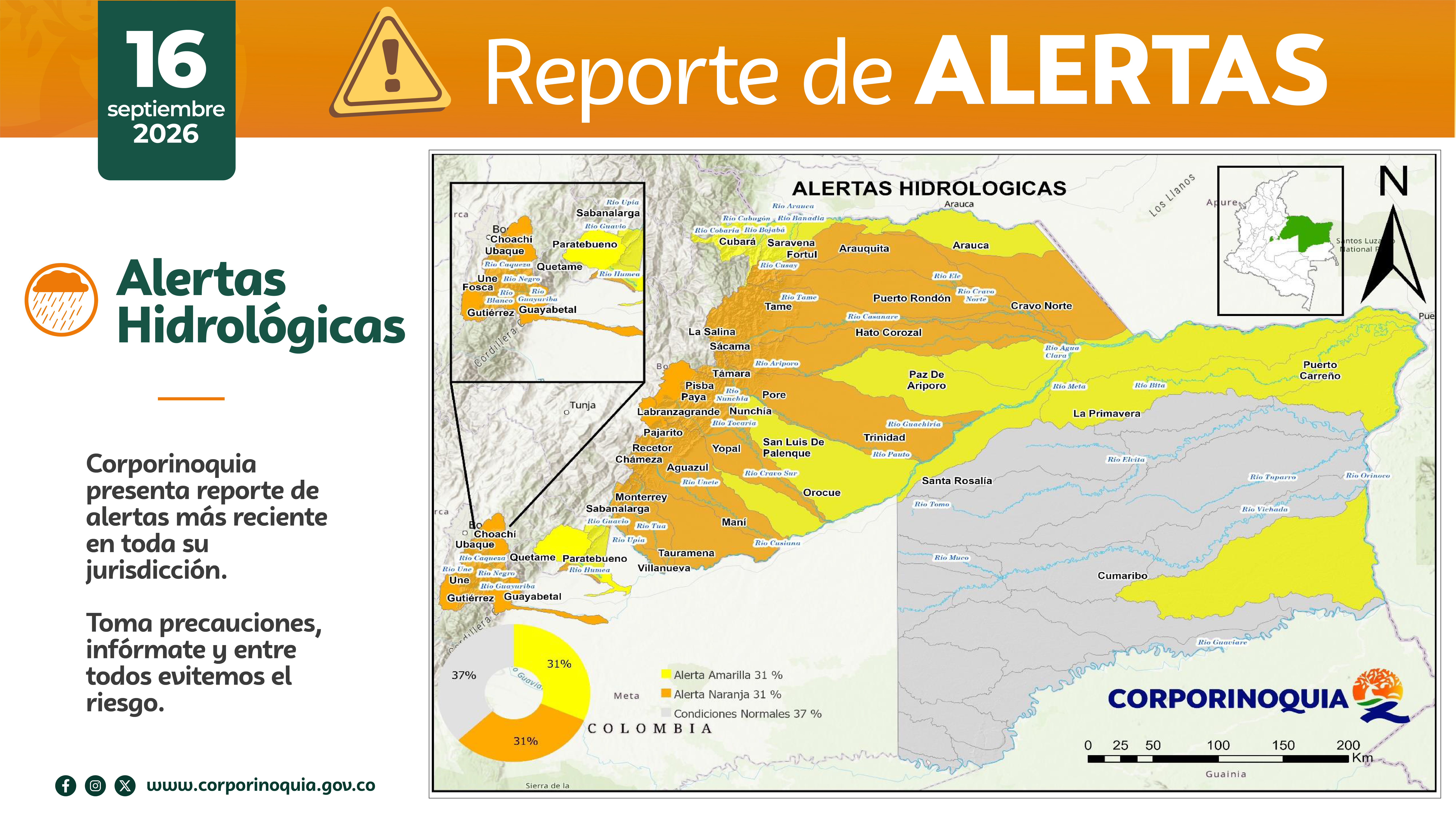 Reporte del IDEAM señala que la jurisdicción de Corporinoquia está bajo alerta por condiciones hidrológicas y de deslizamiento de tierra