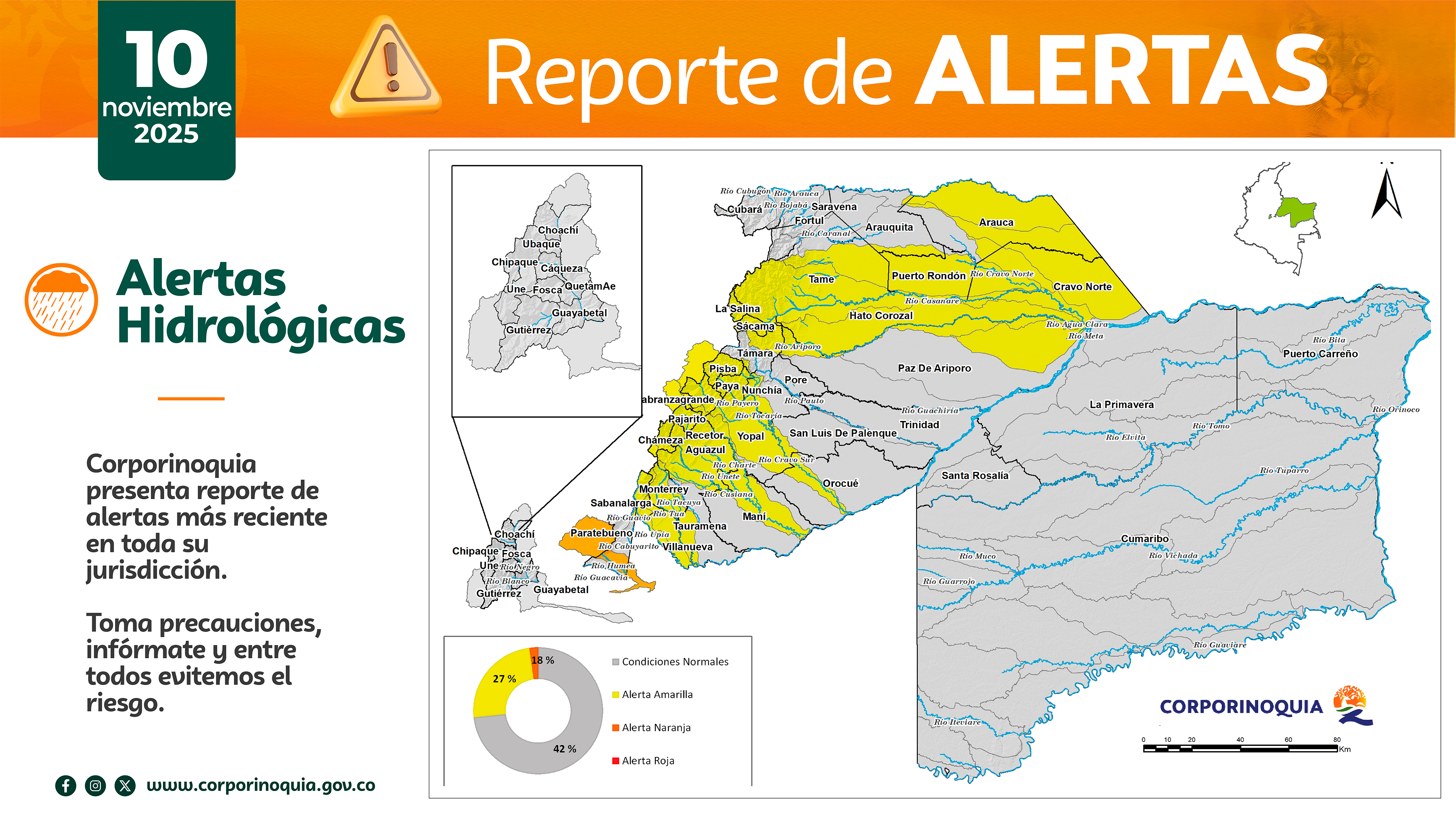 IDEAM emite nuevas alertas por deslizamientos e inundaciones y Corporinoquia refuerza el llamado a la prevención en su jurisdicción